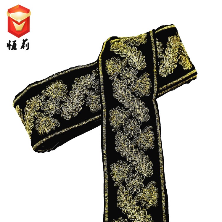厂家现货供应金线花朵刺绣花边 绒布绣花服装辅料条码织带