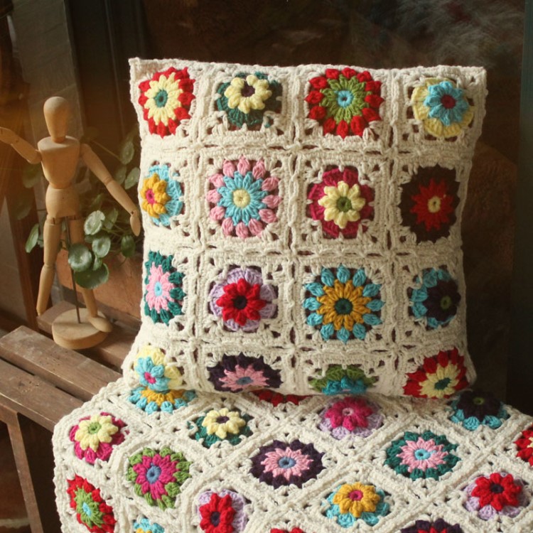 森女系田园风毛线手工钩花立体花抱枕靠垫Handmade cushion