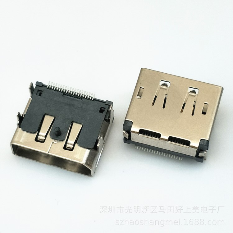 Displayport 20PIN母座 卧式 四脚插板DIP+端子贴片SMT 有柱 直边