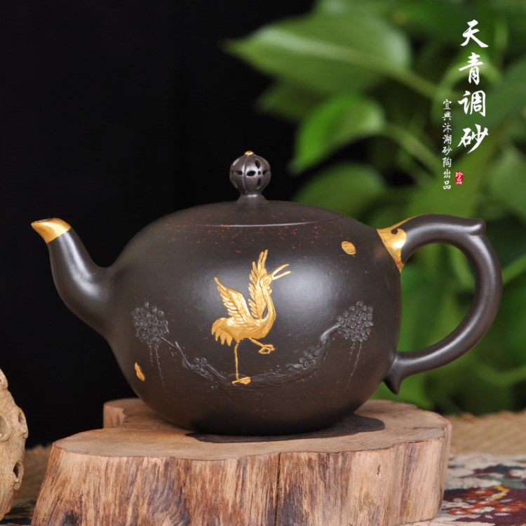 宜兴原矿紫砂壶手工天青泥描真金养生泡茶壶功夫茶器茶水壶套装