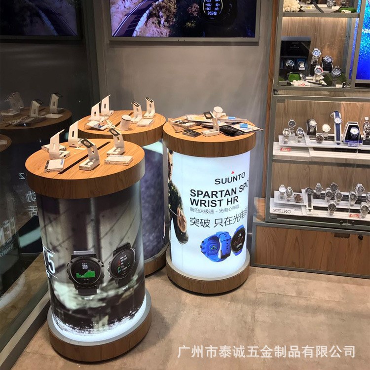 整店定制木质灯箱圆形展示台 智能手环中岛台 玻璃柜手表柜台展架