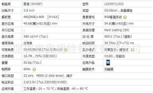 现货库存LS038Y1LX03夏普3.8寸480*800液晶模组MDDI接口手机屏