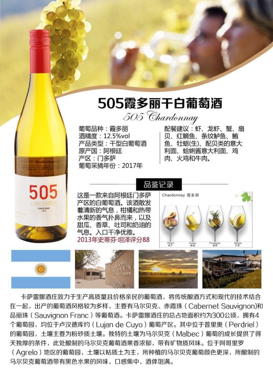 阿根廷卡萨雷娜505霞多丽干白葡萄酒 CASARENA门多萨 Chardonnay