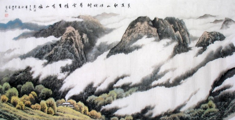 中国画 水墨画写意山水画 手绘山水横幅国画雪山四尺名家作品89