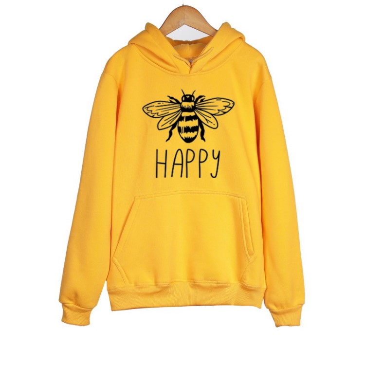 Bee Kind Happy 女式加绒长袖卫衣帽衫欧美宽松大码上衣蜜蜂卫衣