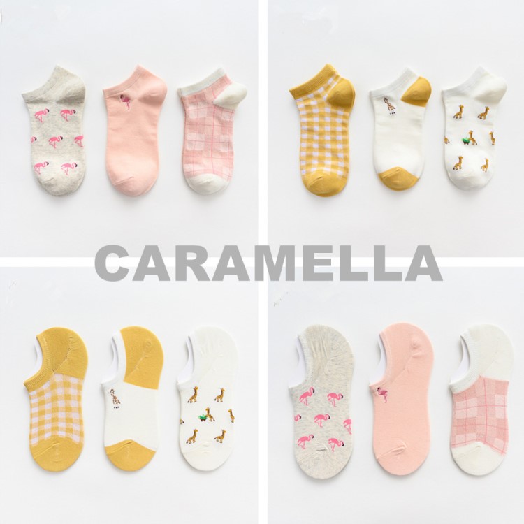 19春夏新品 caramella三双装火烈鸟长颈鹿卡通全棉女士隐形袜船袜