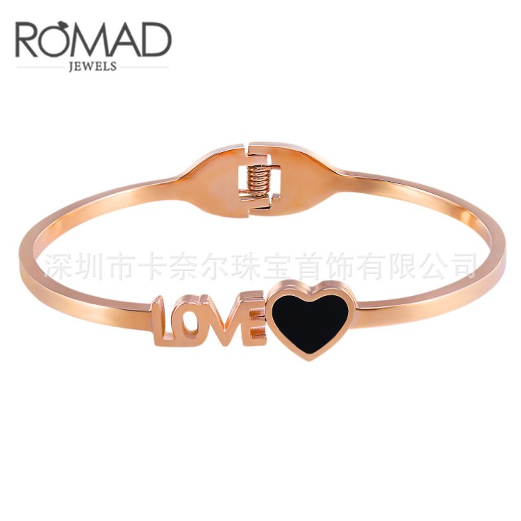 ROMAD韩版时尚玫瑰金不褪色love开口钛钢手镯女士 不锈钢定制款