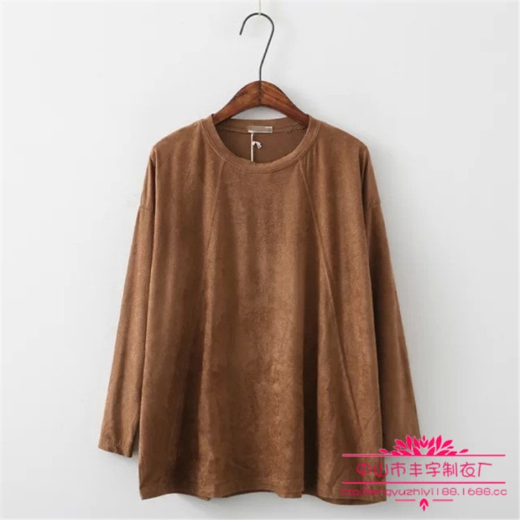 订做春秋新品l韩版宽松鹿皮绒圆领T恤女百搭麂皮绒长袖打底衫时尚