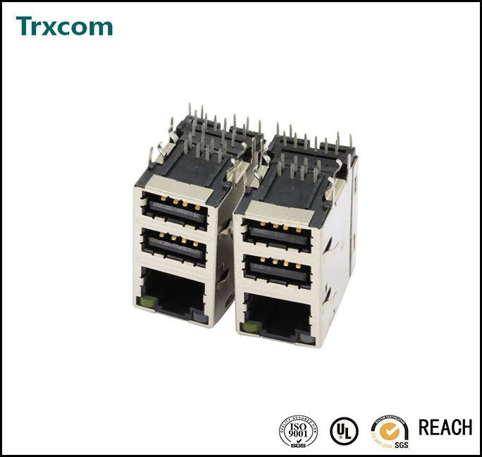 大量供应 RJ45 双层USB带滤波器/变压器 网络插座带屏蔽带灯