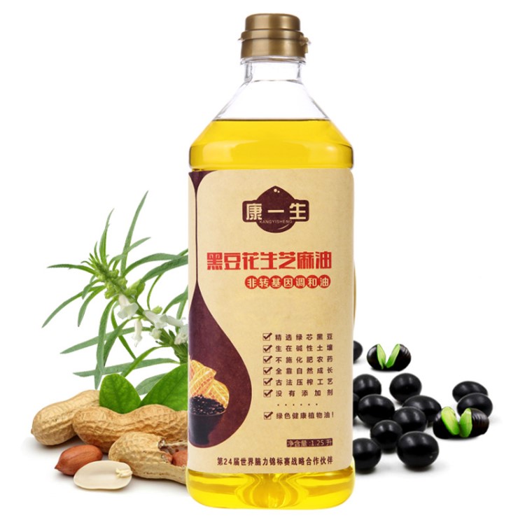 康一生黑豆花生芝麻油1.25L手工压榨香油营养食用调和油批发