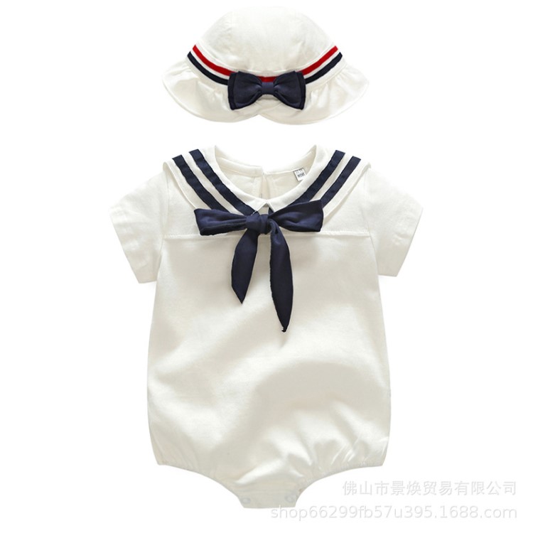 2019年夏季新款 婴幼儿服饰 女宝宝海军风白色棉哈衣 爬服+帽