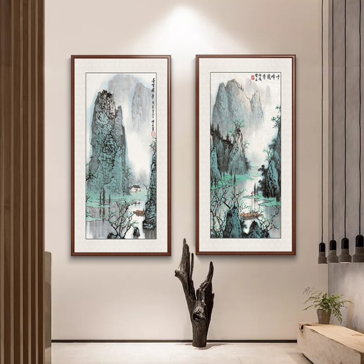 国画山水玄关装饰画竖版中式走廊过道壁画办公室招财风水寓意挂画