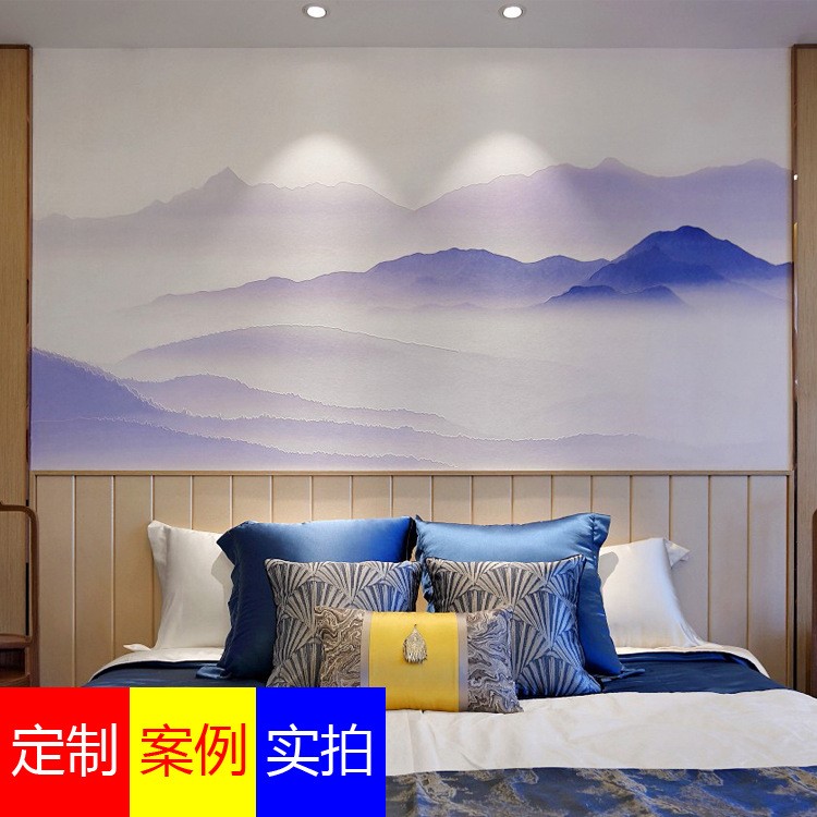 新中式现代水墨山水油画卧室挂画装饰风景画手绘样板房壁画墙绘