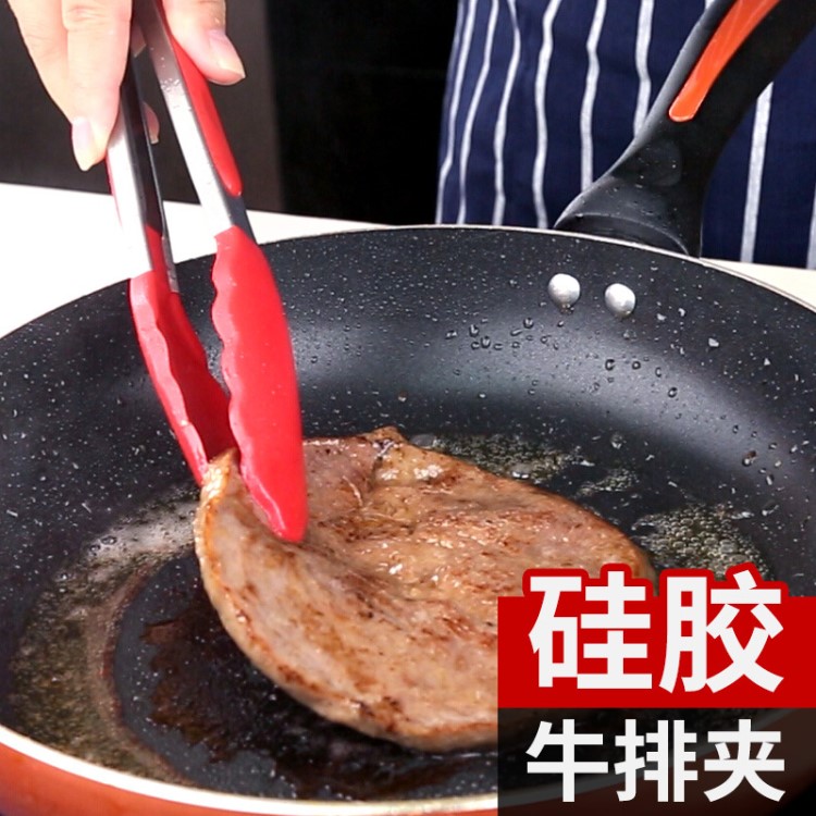 厂家直销硅胶食品夹子不锈钢牛排夹食物夹烧烤夹 烤肉煎牛排工具