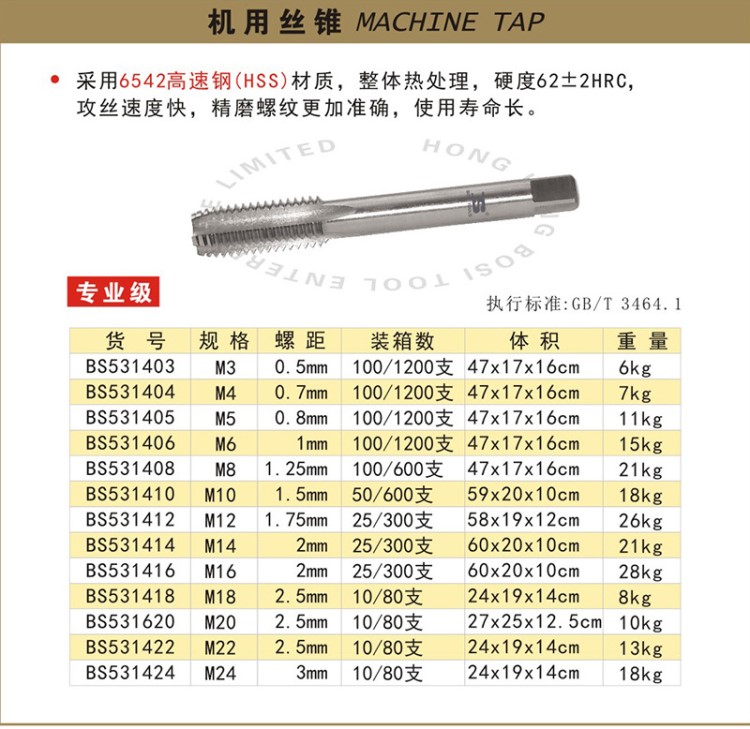 波斯工具级机用丝锥 6542高速钢螺旋丝锥 标准牙直槽精磨丝锥