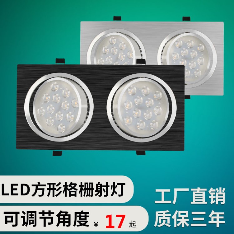 LED双头射灯筒灯 调角度射灯双头斗胆灯黑色24W嵌入式天花格栅灯