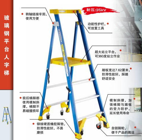 WERNER稳耐玻璃钢单侧平台人字梯绝缘平台梯P170-00CN FG系列