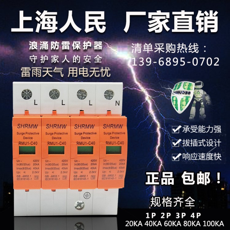 浪涌保护器2P4P220V 电源防雷器40KA 光伏家用电涌防雷器