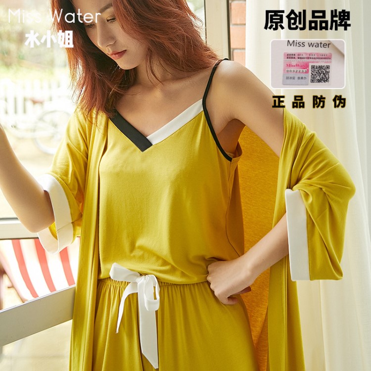 miss water马卡龙仙女睡衣女夏日系小清新棉麻莫代尔家居服三件套