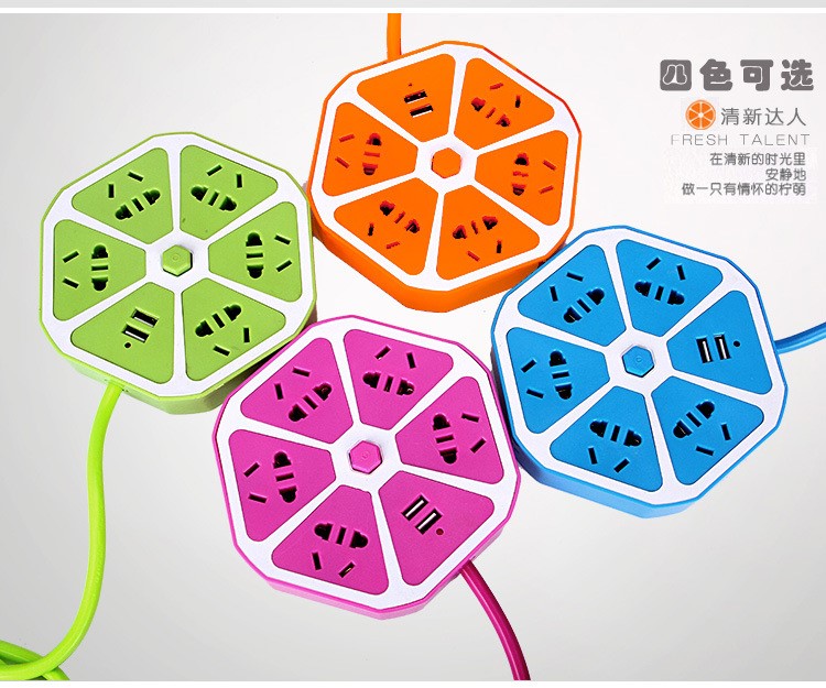 新国标带开关 爆款2 4USB充电 炫彩 新款六角形水果柠檬 插排插座