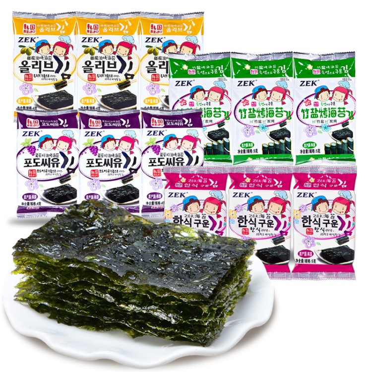 韩国休闲食品批发 ZEK橄榄油/葡萄籽油/竹盐烤海苔12g