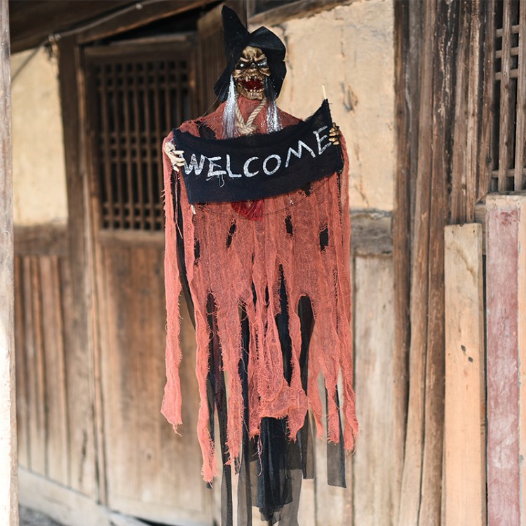 万圣节吊鬼门挂鬼节电动骷髅头树脂酒吧鬼屋布置发光装饰品批发