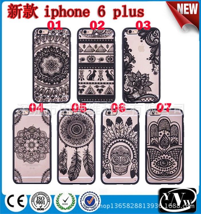 iphone6 plus蕾丝复古花镂空手机壳 pc+tpu彩绘荷花保护套 K0180