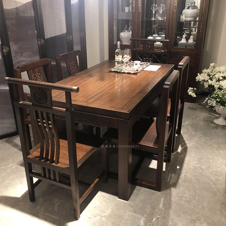 新中式实木餐桌椅组合现代中式简约雕花餐桌椅酒店样板房餐厅家具