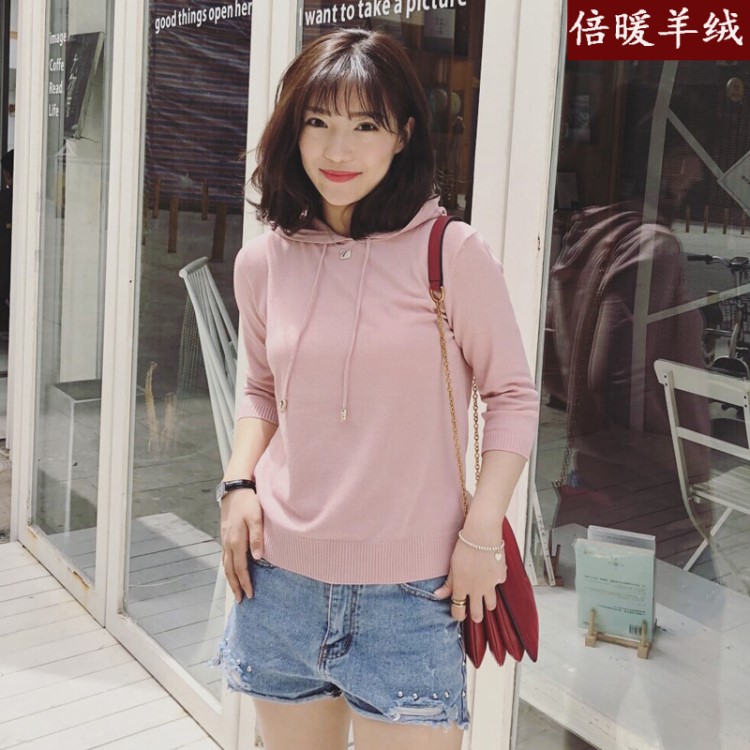 夏季戴帽亚麻针织衫T恤女宽松2019新款大码套头短袖带帽子上衣薄