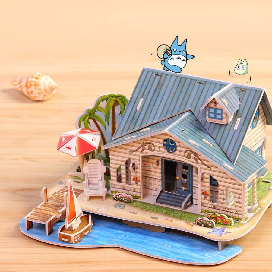 3d立体纸质拼插搭建构建积木别墅房子小屋 智力手工拼插纸板模型